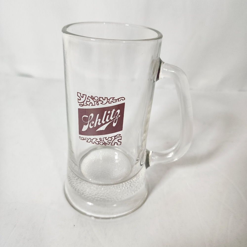 Vintage Schlitz 12 oz Beer Mug Heavy Clear Glass Red Logo Advertising